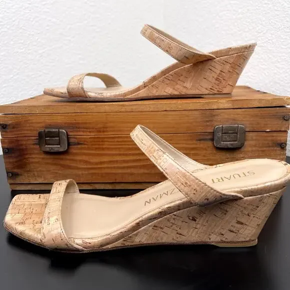 Stuart Weitzman Cork Wedge Sandals 9.5 Women’s Slip-On Strappy Nude Summer Heel - Picture 6 of 10